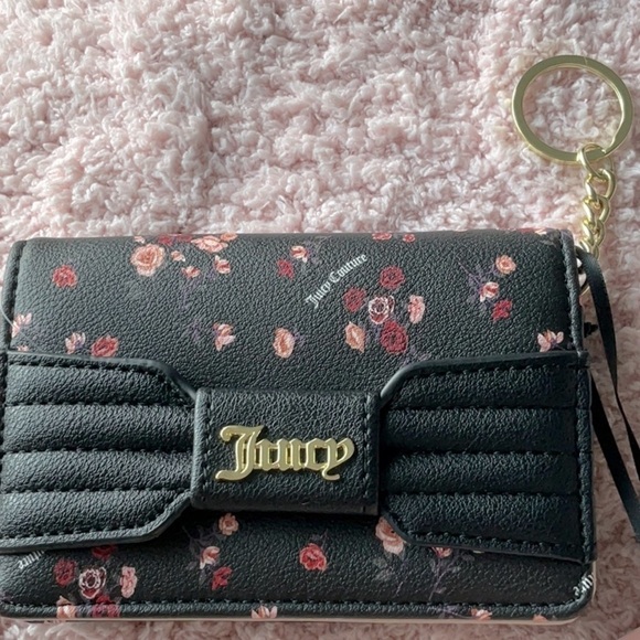 JUICY COUTURE BLACK WITH PINK FLOWERS WALLET - WRISTLET-CROSSBODY - Picture 3 of 10